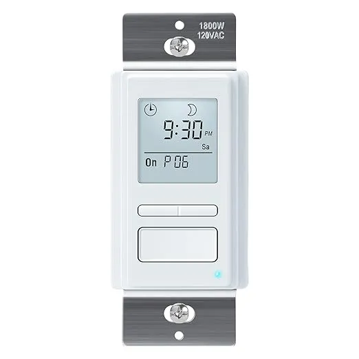 Toolhome 7 Day Programmable In-Wall Timer Switch Automatically Turns Lights and Fans On/Off at Sunrise/Sunset, Neutral Wire Required