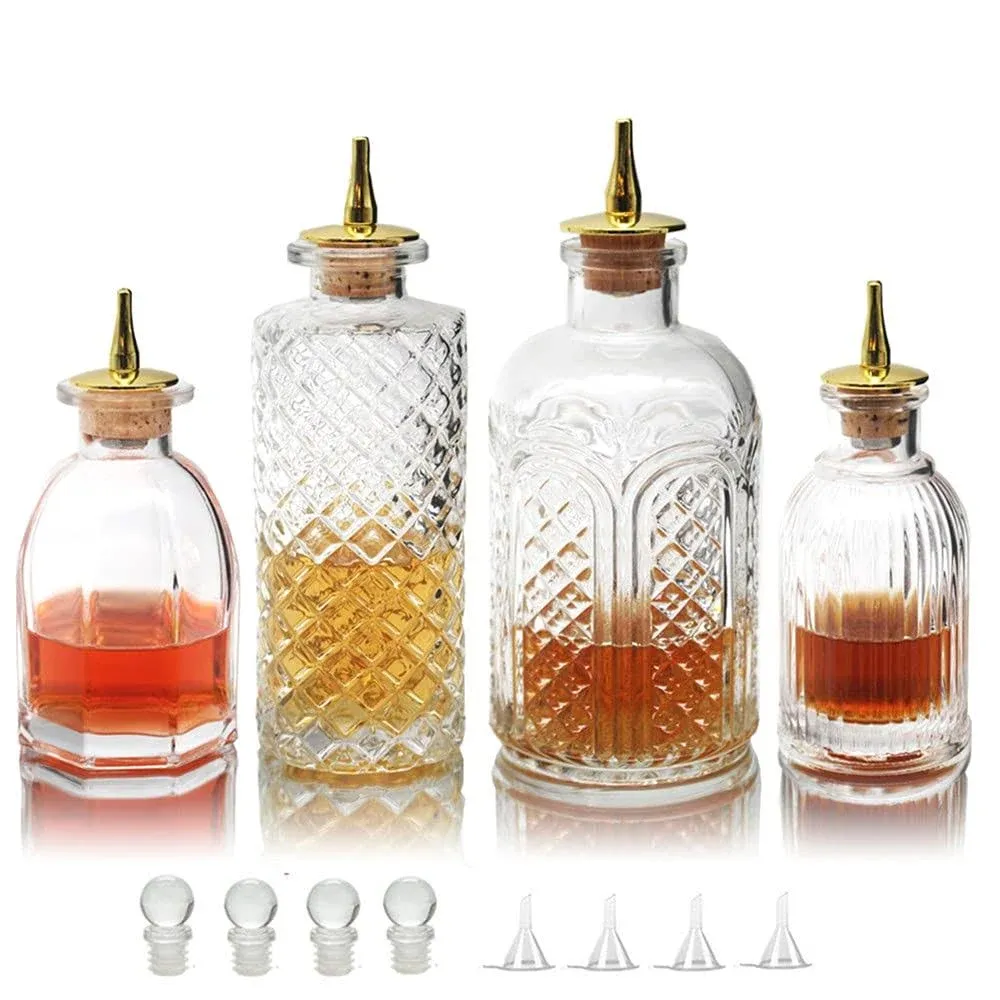 Bitters Bottle for Cocktails Set of 4 - Glass Dasher Bottles with Dash Tops, Great for Bartender,Home Bar