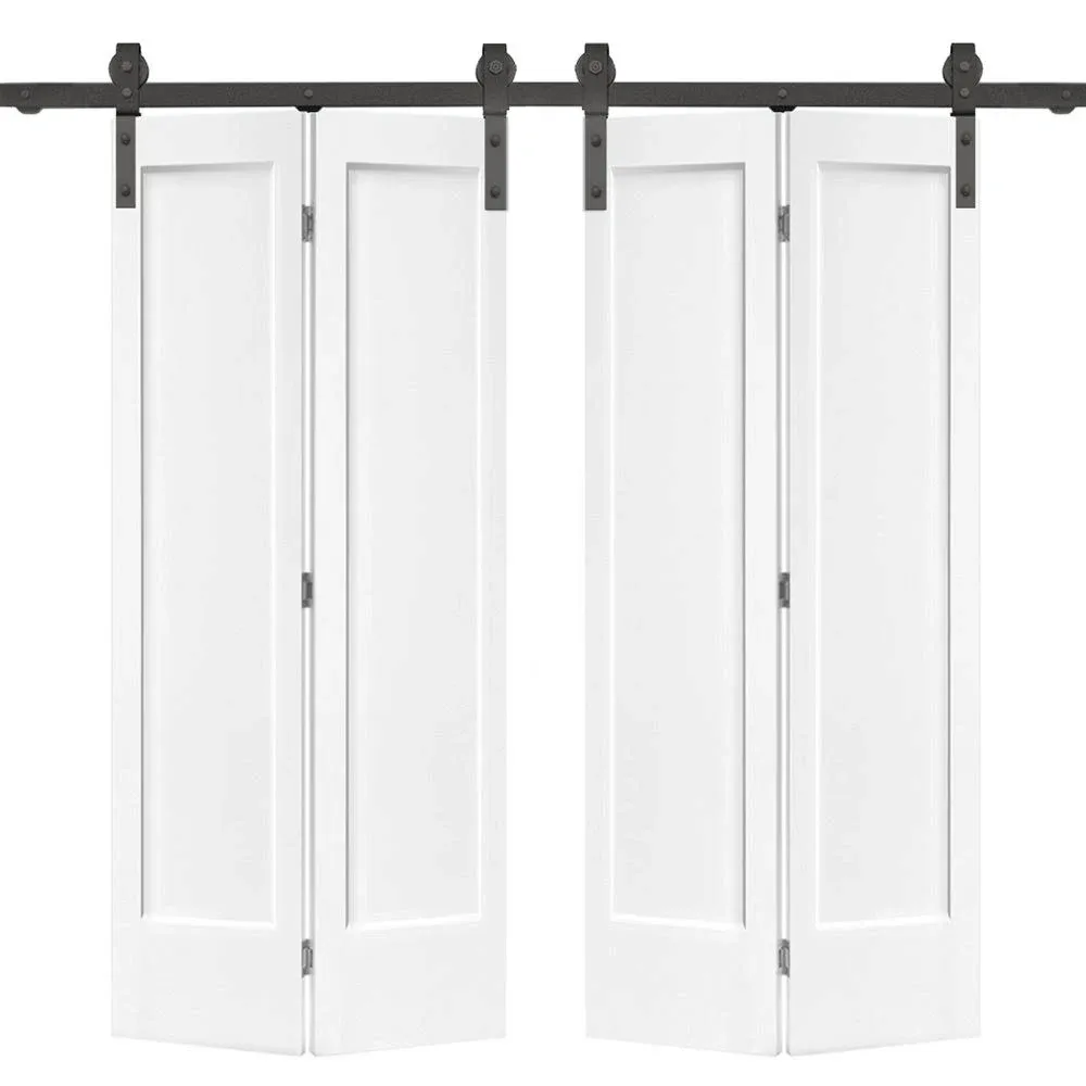 48 in. x 80 in. 1 Panel Shaker Primed MDF Composite Double Bi-Fold Barn Door with Sliding Hardware Kit