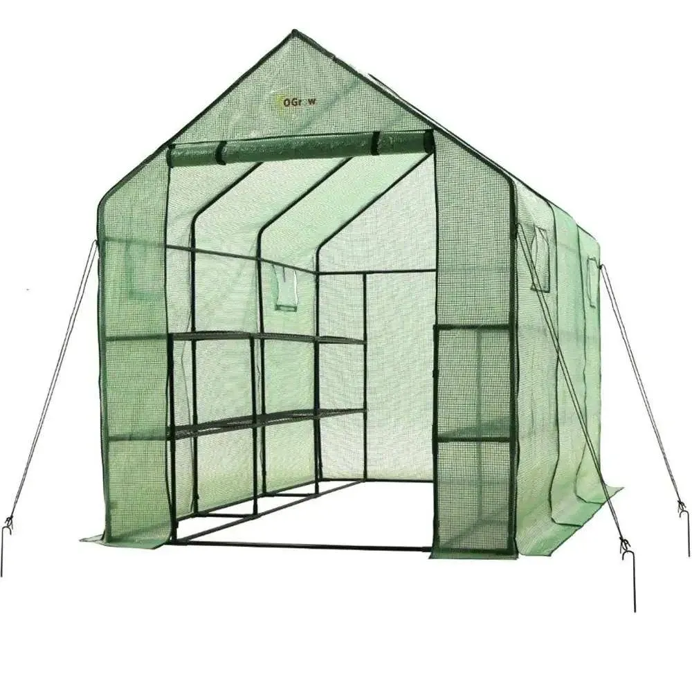 Machrus Ogrow Deluxe Walk-In Greenhouse with 2 Tiers and 12 Shelves - Green Cover