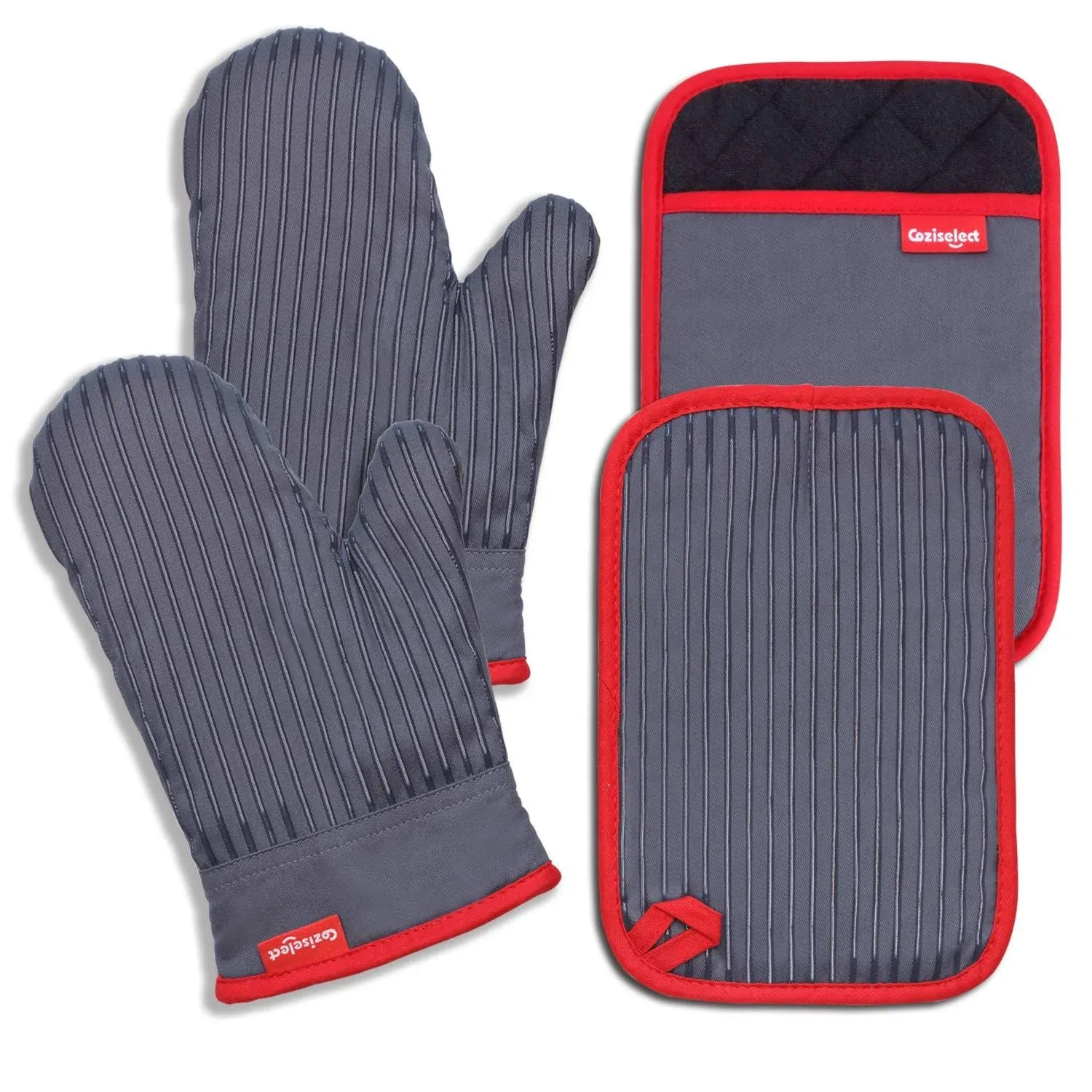 Oven Mitts and Pot Holders Set, 500 F Heat Resistant Oven Mit Gloves Hot Pads for Kitchen Cooking Grill, Pure Cotton and Terrycloth Lining, Heavy Duty Thick Ovegloves Grey, 4-Piece Set, by Coziselect