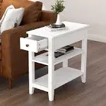  Side Table Living Room, Narrow End Table with Drawer and Shelf, 3-Tier 1 White