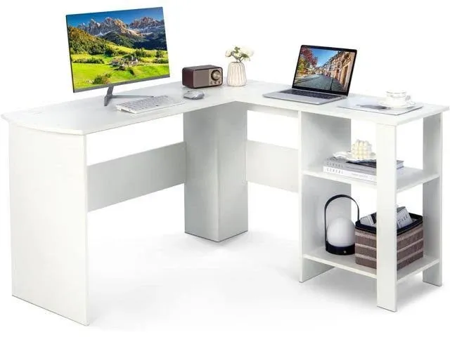 Costway White L-Shaped Desk, 51 Modern Simple Style Writing Desk w/Storage ...