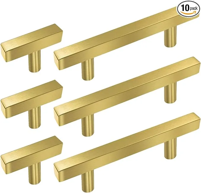 SUNRIVER 20 Pack Hollow Brushed Brass Golden Square Bar Cabinet Handles Pulls 10pcs Gold Hardware Cabinets Pulls 5" and 10pcs Stainless Steel 2" Cabinet Handles T Bar Pulls for Bathroom