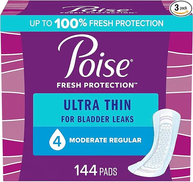 Сверхтонкие прокладки Poise при недержании и послеродовые прокладки при недержании, 4 капли, средняя впитывающая способность, стандартная длина, 144 штуки (3 упаковки по 48 штук), упаковка может отличаться