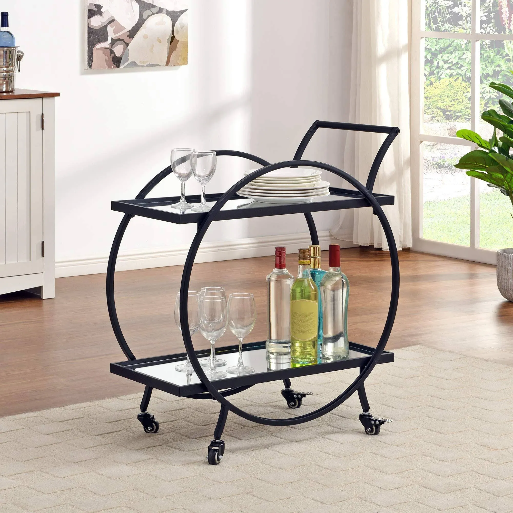 2-Tier Bar Serving Cart Mirrored Shelves Contemporary Circular Metal Frame Black