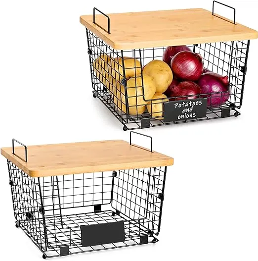 2 Set Stackable Kitchen Counter Basket with Bamboo Top - Pantry Organization and Storage Wire Organizing Basket - Cabinet Countertop Organizer Bins for Produce, Fruit, Vegetable (Onion, Potato), Bread