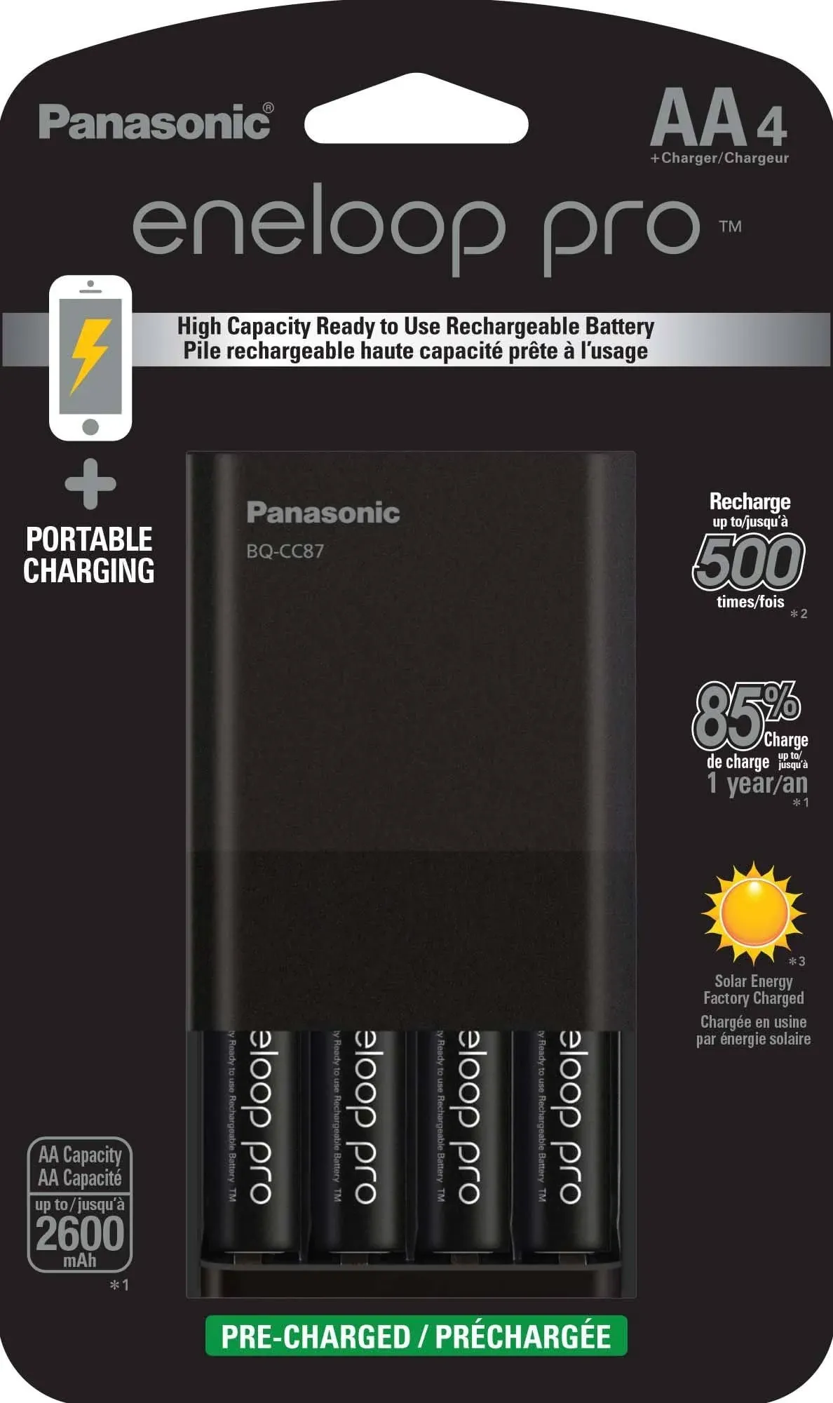 Panasonic K-KJ87KHA4BA Individual Battery Charger with Portable Charging Technology and 4AA Eneloop Pro Rechargeable Batteries, Black