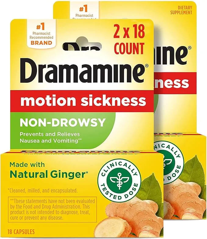 Dramamine Motion Sickness Non-Drowsy,18 Count (Pack of 2)