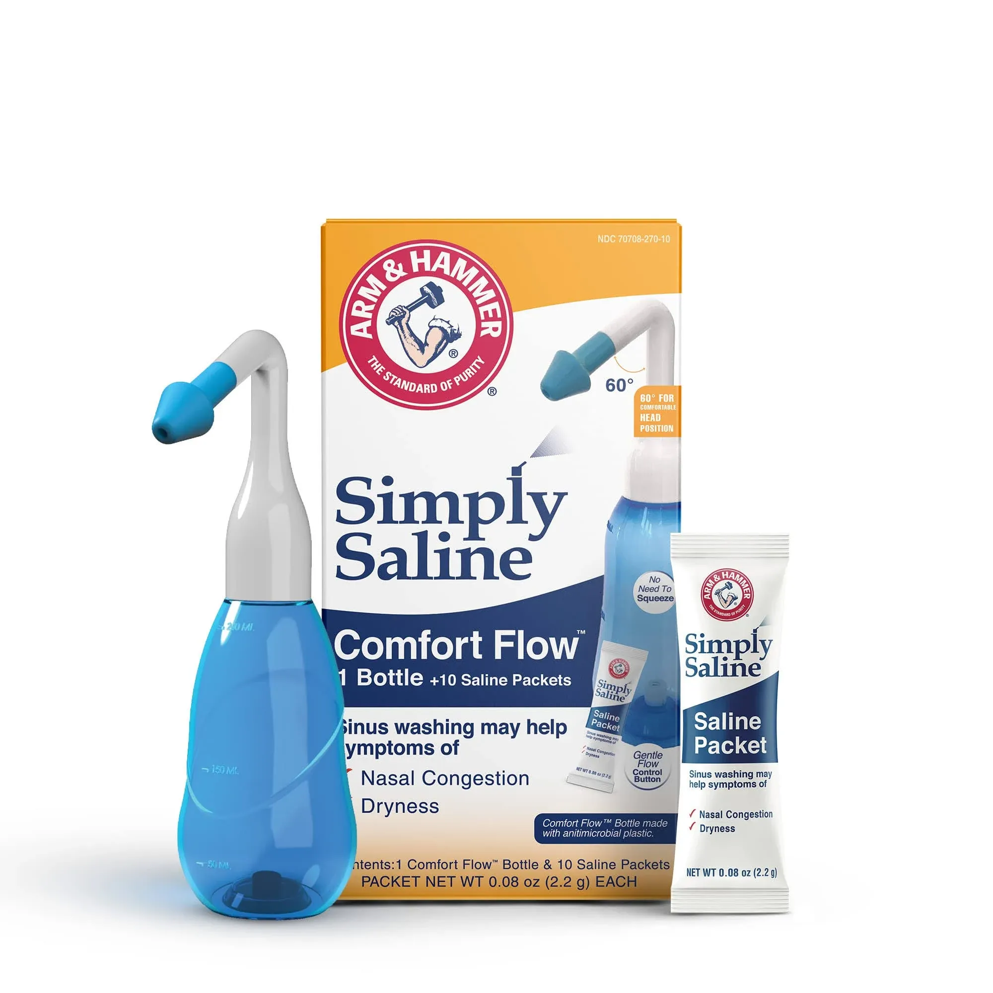 GuruNanda Arm & Hammer Comfort Flow with 10 Salt Packets, Nasal Rinse Kit for Sinus Wash, Helps Relieve Nasal Congestion & Irritation, Dryness, All-Natural, BPA-Free, Adults & Kids, Blue (240mL)