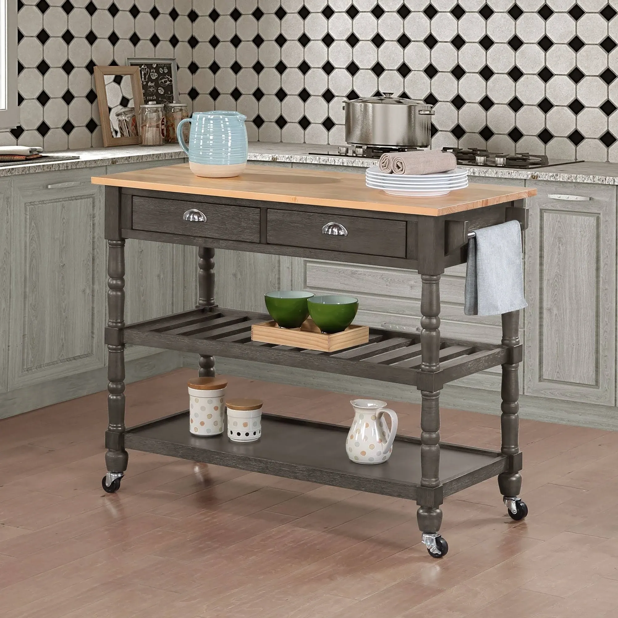 Convenience Concepts French Country 3 Tier Butcher Block Kitchen Cart with Drawers, Wirebrush Dark Gray/Butcher Block