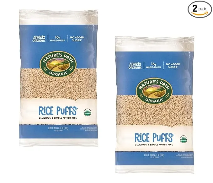 Nature's Path Organic Rice Puffs Cereal, Earth Friendly Package, Non-GMO, 16g Whole Grains, No Added Sugar, 6 Oz, Pack of 12