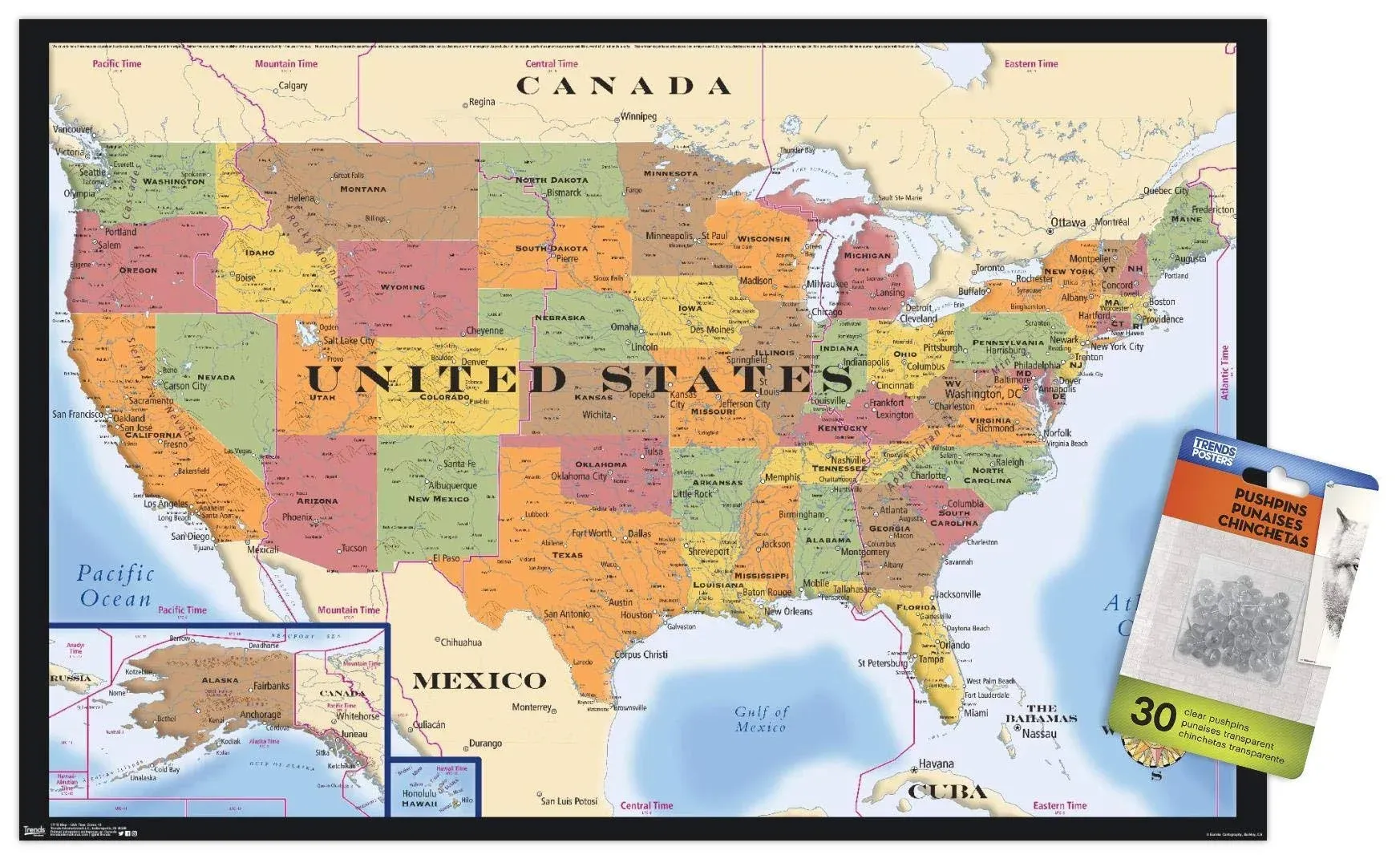 Map - USA Time Zones Wall Poster with Push Pins