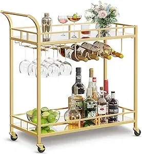 VASAGLE Bar Cart Gold, Home Bar Serving Cart, Wine Cart with 2 Mirrored Shelves