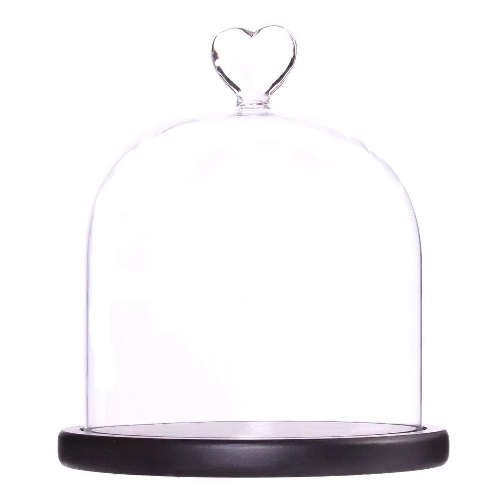 Clear Glass Dome Display Case Heart Handle Cloche with Wood Base Dia 6 Inch