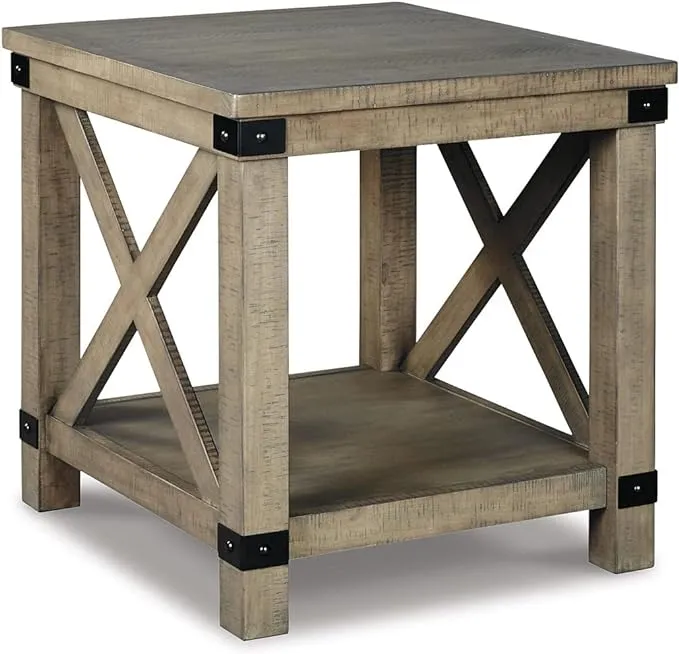 Signature Design by Ashley Aldwin Farmhouse Square End Table with Crossbuk Details, Light Brown