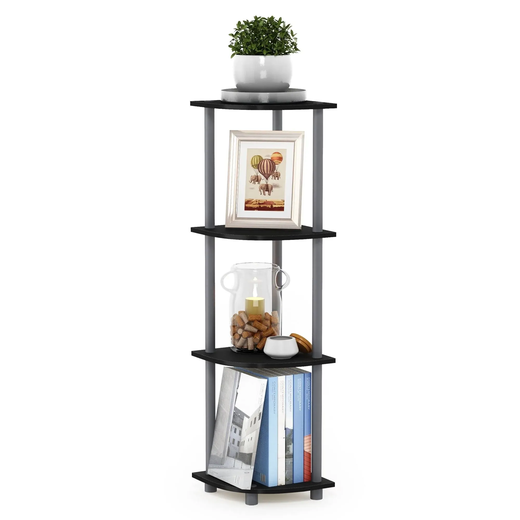 Furinno 12078BK-GY Turn-N-Tube 4-Tier Corner Display Rack Multipurpose Shelving UNIT; Black & Grey