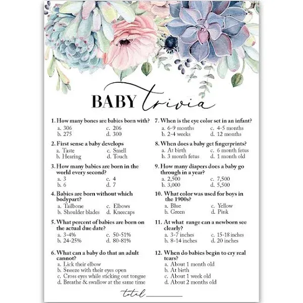 Succulents Baby Shower Game — Baby Trivia Game — 25 Guests — Fun Baby Facts ...