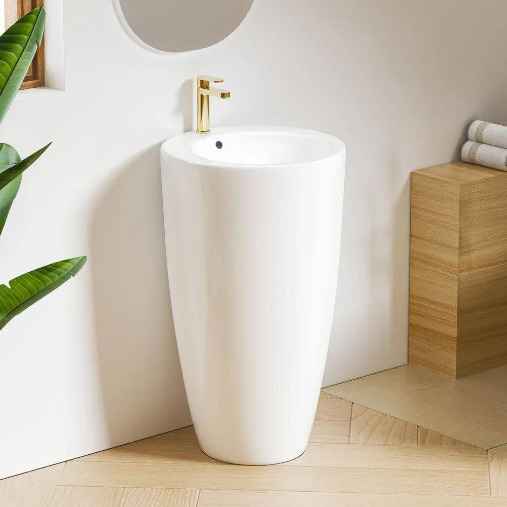 Eridanus Gibbous Vitreous China 33 in. Circular Pedestal Sink with Faucet Hole and Overflow in Crisp White ERI-PB-403