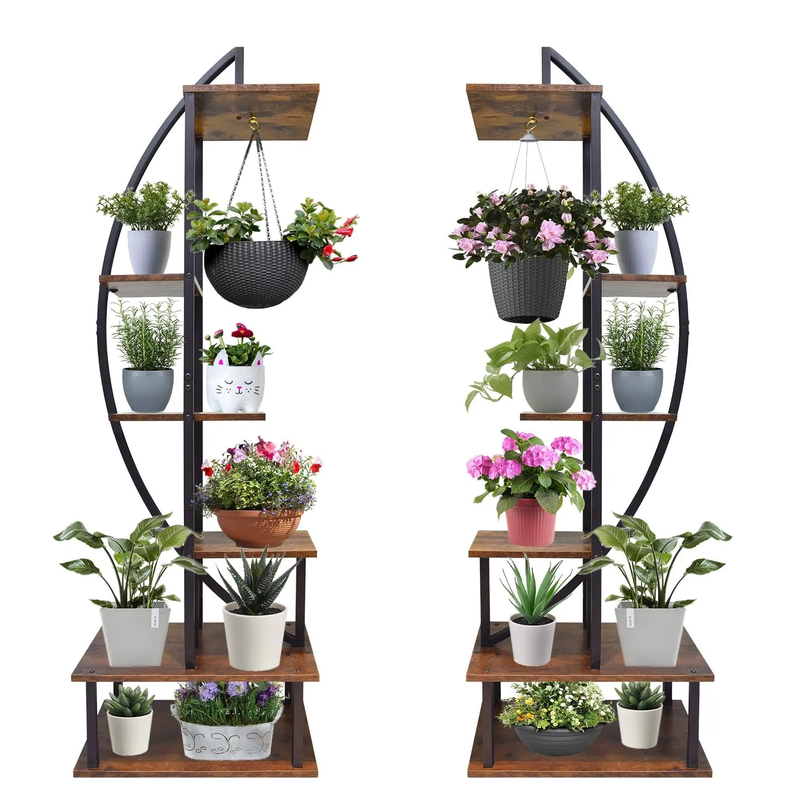 YIFOR 2 PCs 6 Tier Metal Plant Stand, Half Moon 6 Moon, Brown 