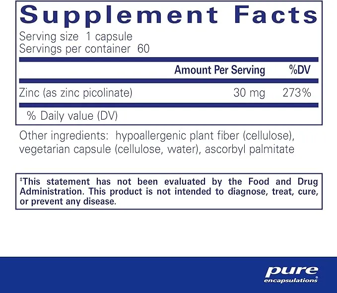 Pure Encapsulations Zinc 30 mg - Supplement for Immune System Support, Growth and Development, and Wound Healing* - with Zinc Picolinate 30 mg - 60 Capsules