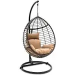 Serenelife Hanging Egg Indoor Outdoor Patio Wicker Rattan Lounge Chair with Stand, Steel Frame, UV Resistant Washable Cushions for Garden