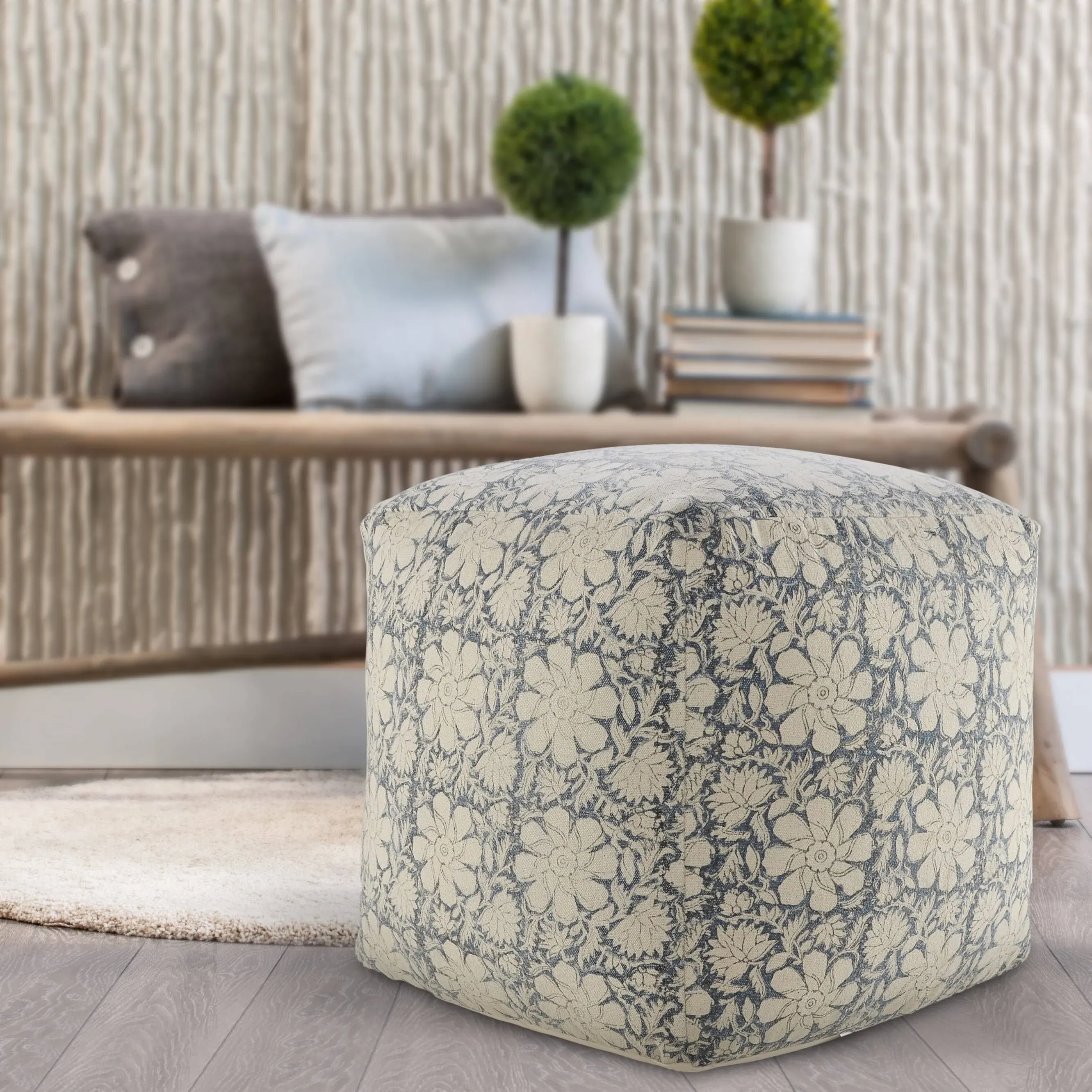 LR Home Pacifica Beige/Blue Large Ottoman Pouf for home decor | Floral Hand-Woven Cotton Square pouf ottoman foot rest for bedroom & living room decor | 20 x 20 x 20 Ottoman Cube for Seating