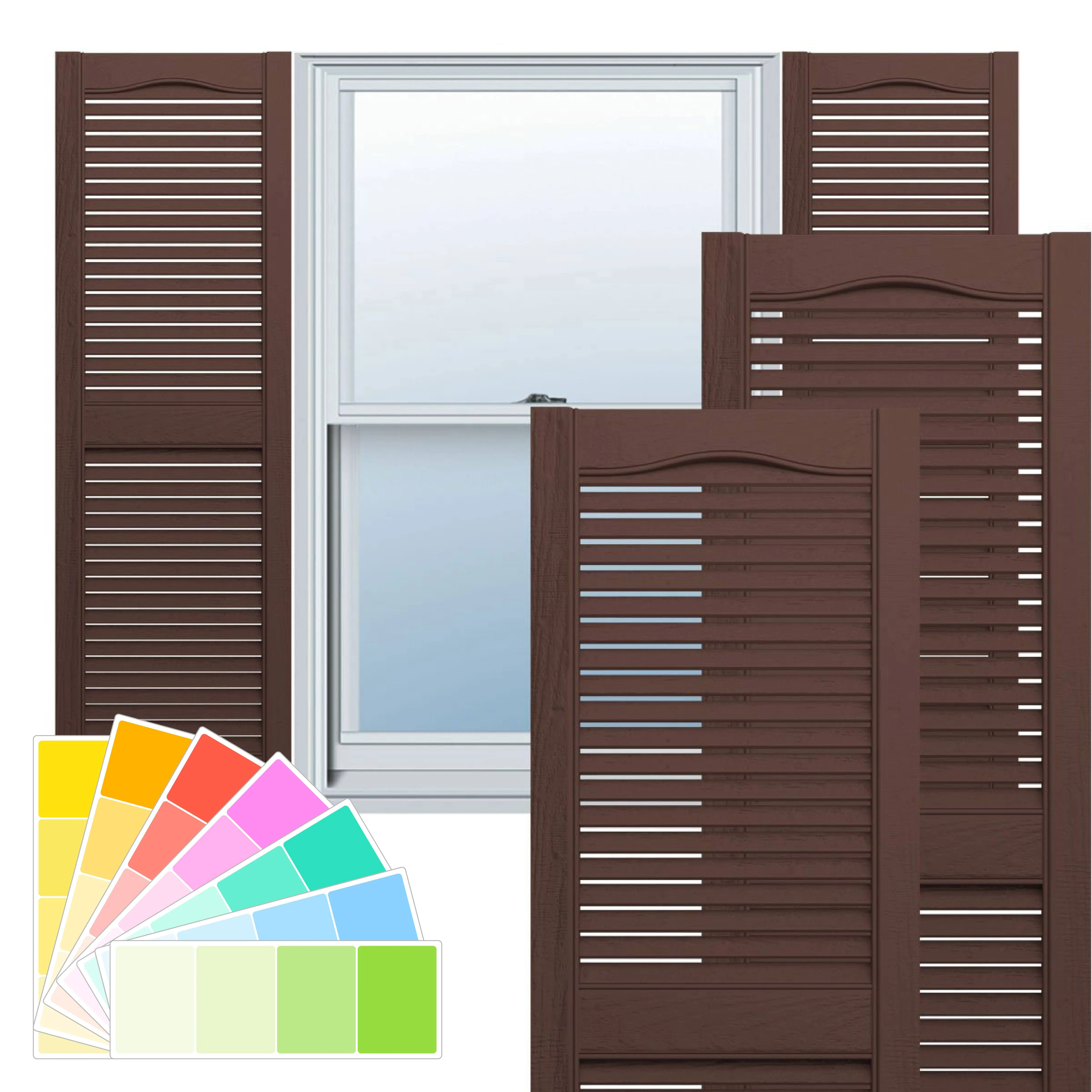 14-1/2 in. x 60 in. Lifetime Open Louvered Vinyl Standard Cathedral Top Center Mullion Shutters Pair in Black