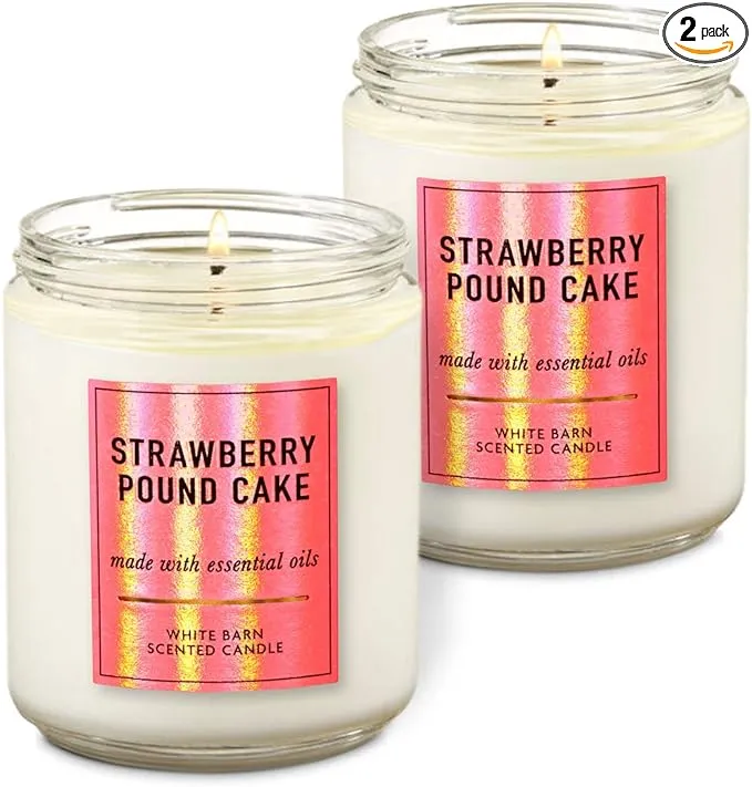 Bath & Body Works White Barn Strawberry Pound Cake Single Wick Scented Candle with Essential 7 oz / 198 g each Pack of 2