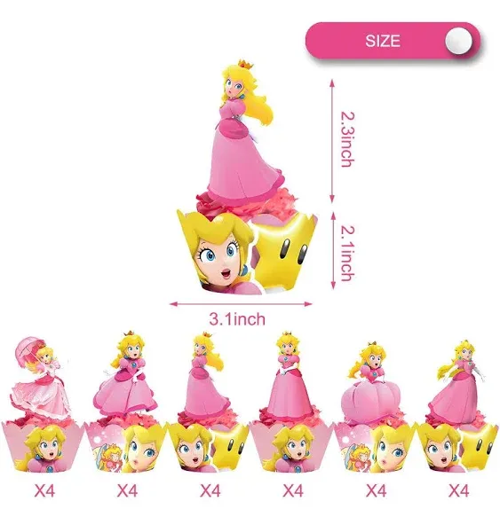 48pcs Peach Princess Birthday Cake Topper Decoration Cake Wrapping paper,Princess Peach Party Supplies, Peach Princess Party Decoration Supplies