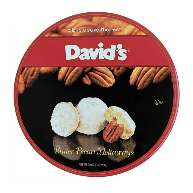 David’s Cookies Gourmet Butter Pecan Meltaway Cookies Gift Basket – 32oz Round Tin Butter Cookies with Crunchy Pecans and Powdered Sugar – All-Natural Ingredients – Kosher Recipe – Ideal Gift for Corporate Birthday Fathers Mothers Day Get Well and Other 