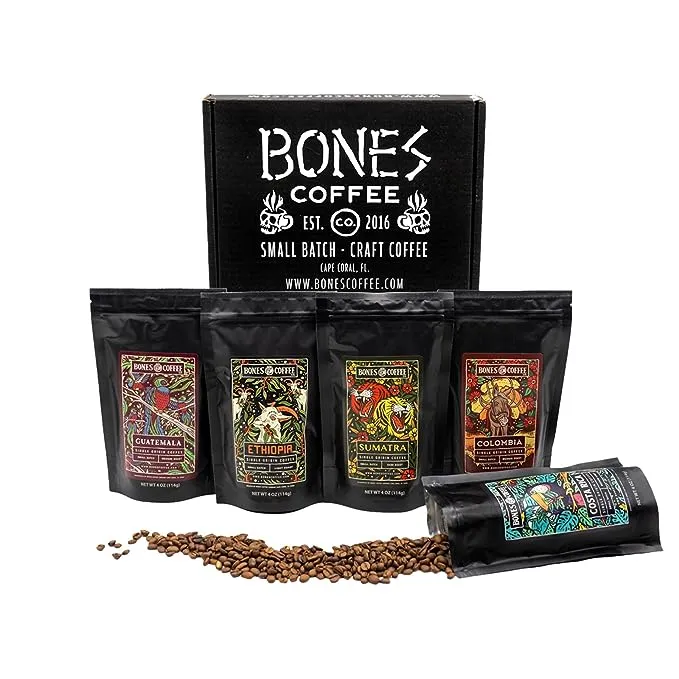 Bones Coffee Medium Roast Ground Coffee | 4 oz World Tour Sample Pack Flavored Coffee