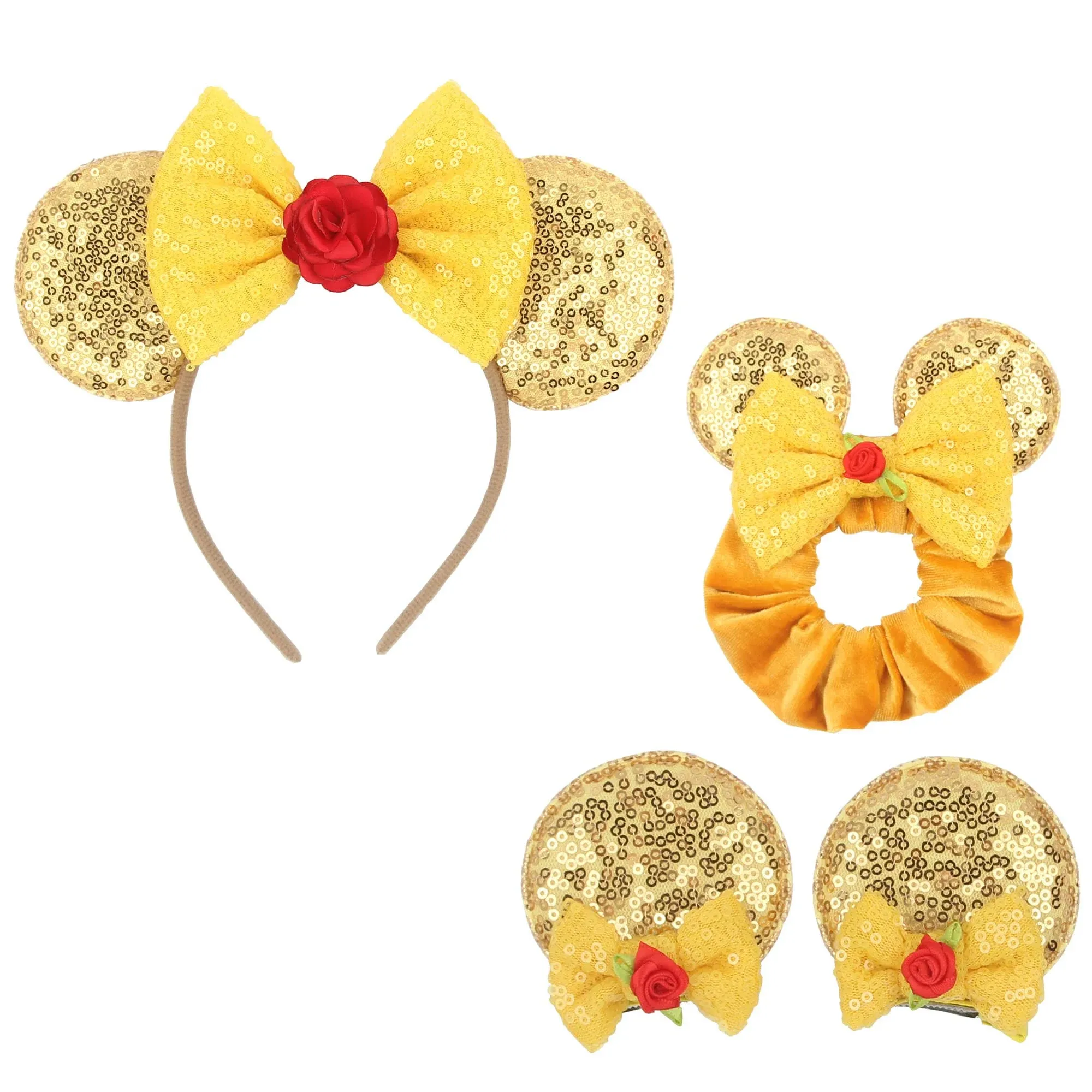 Girls Golden Mini Mouse Ears Headband Clips &amp; Belle Ears