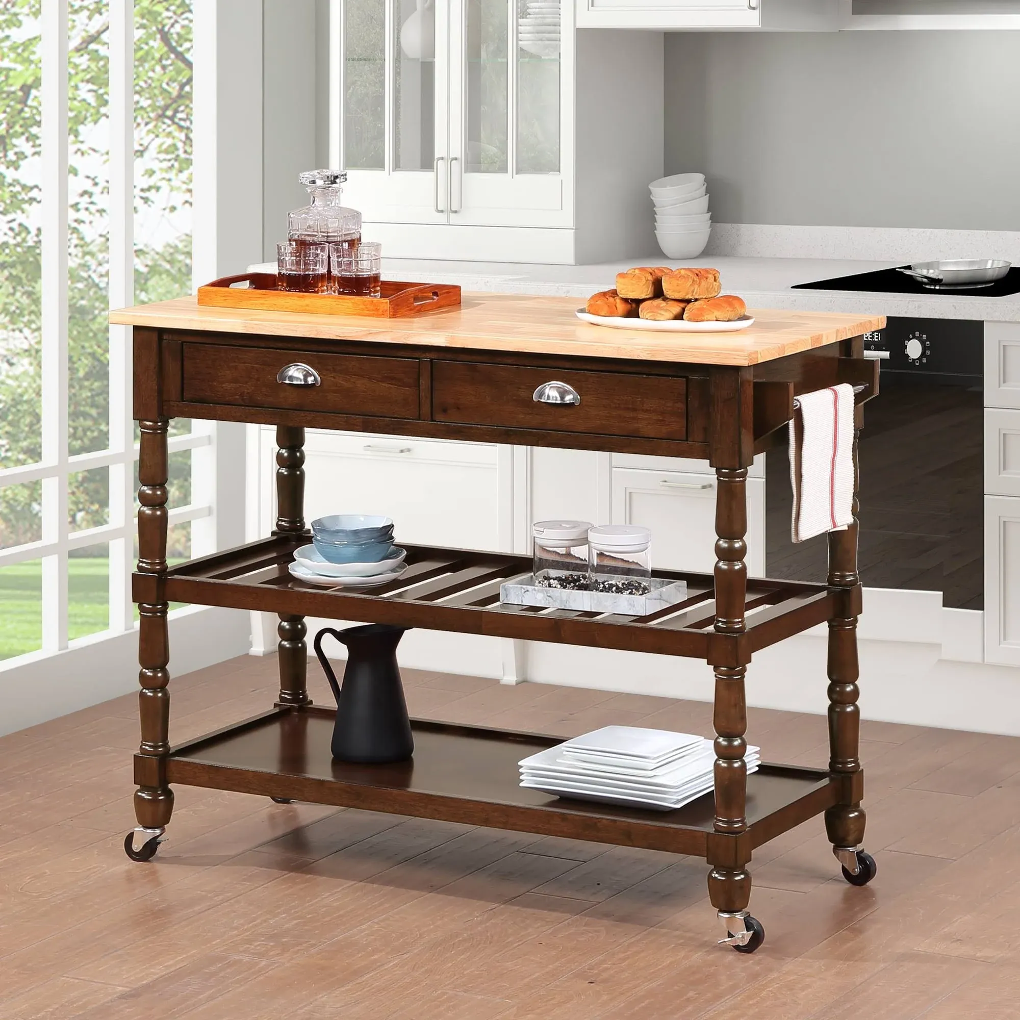 Convenience Concepts French Country 3 Tier Butcher Block Kitchen Cart with Drawers, Espresso/Butcher Block