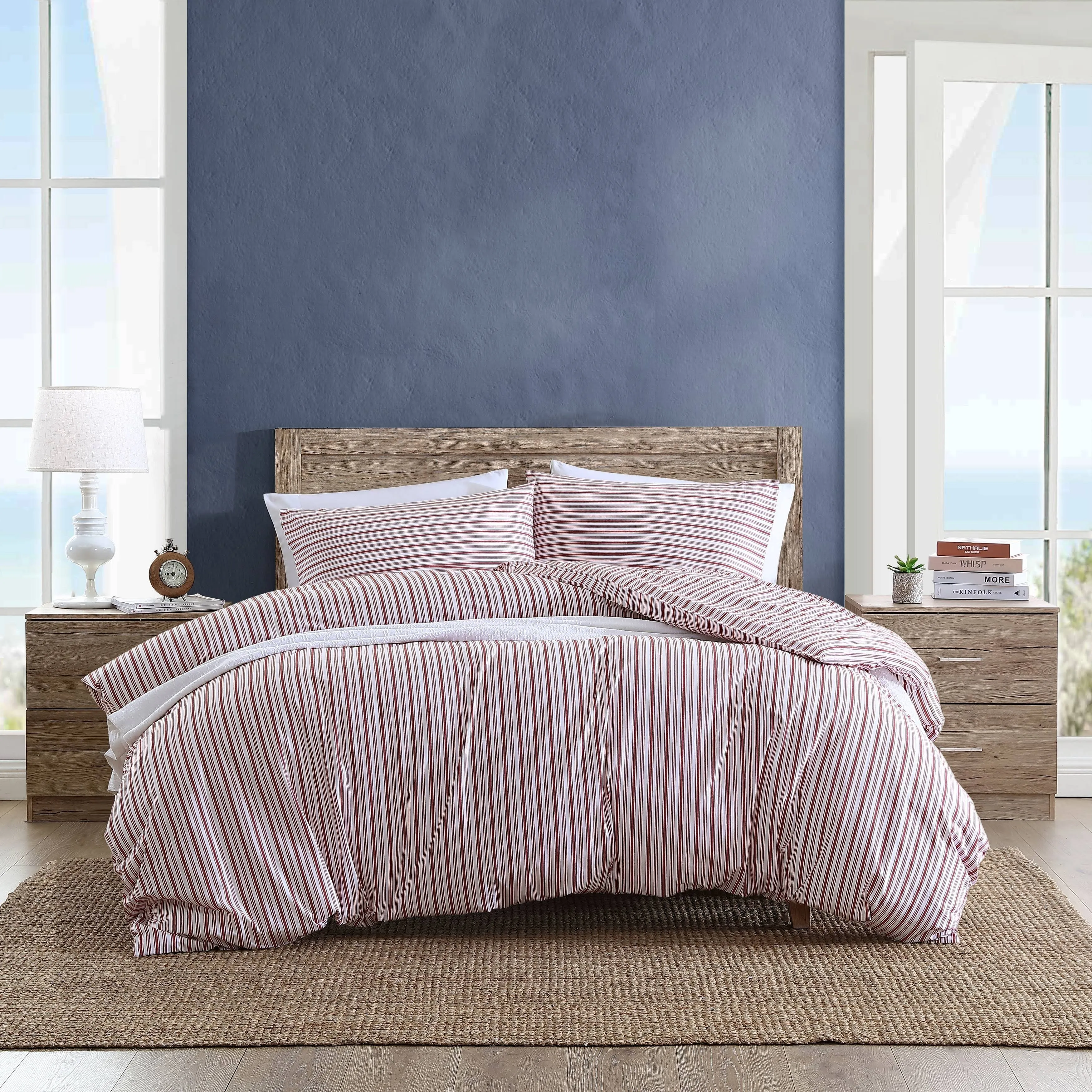 Nautica Coleridge Stripe Red Cotton Percale Duvet Cover - Twin