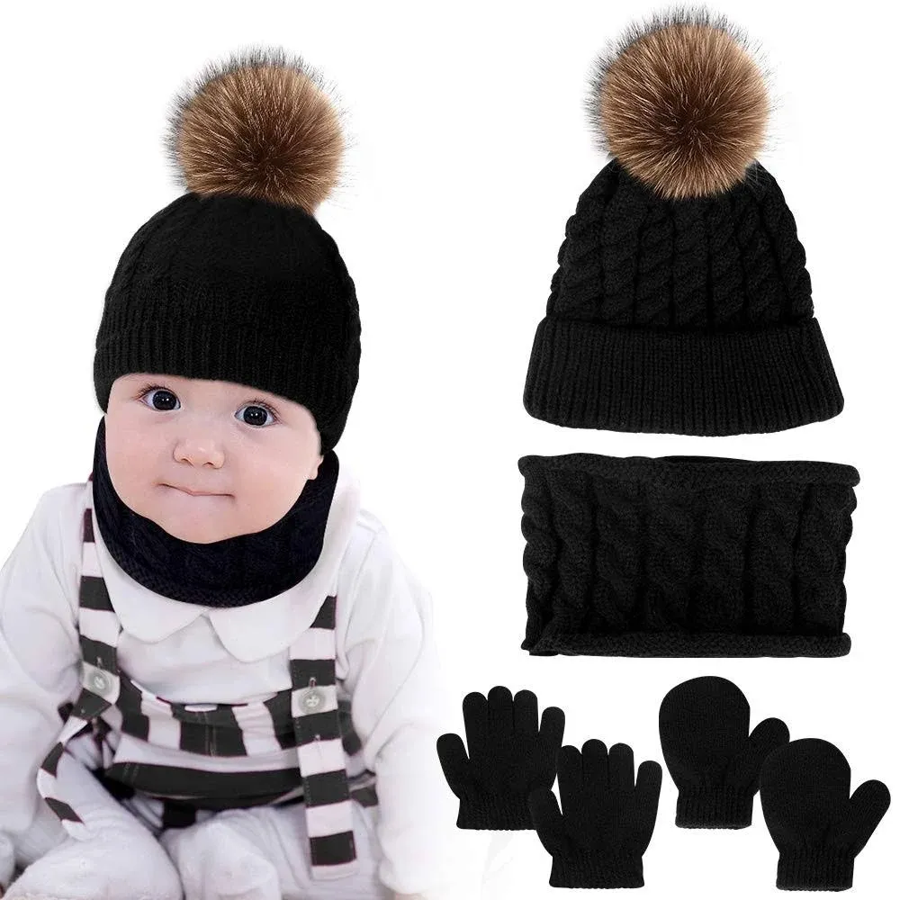 Hicdaw 6PCS Toddler Winter Hats Baby Mittens Gloves Neck Warmer Baby Winter Hat Kids Winter Hat Gloves Scarf Set for Boy Girl