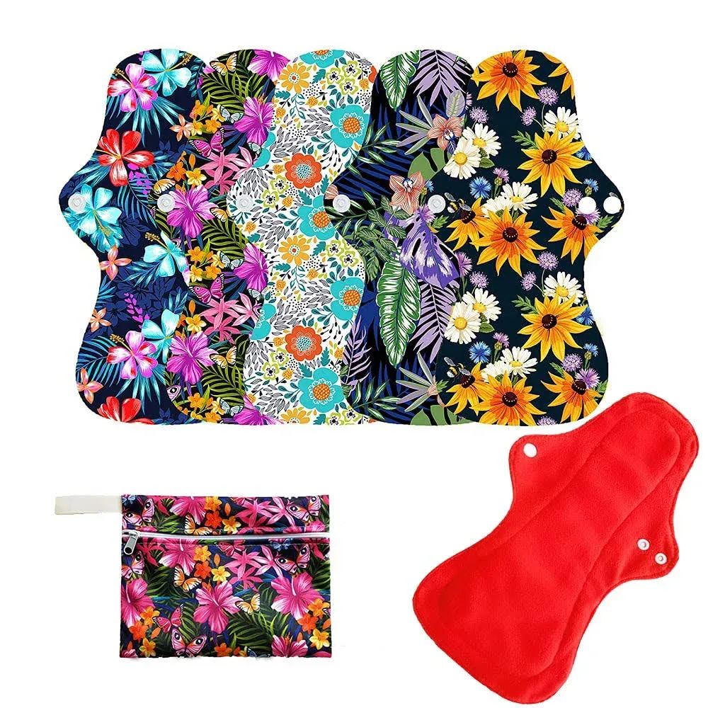 6pcs Resuable Waterproof Menstrual Pad Sets Including 1pc Mini Wet Bag and 5pcs Heavy Flow Red Color Microfleece Stay Dry Menstrual Pads Mama Cloth