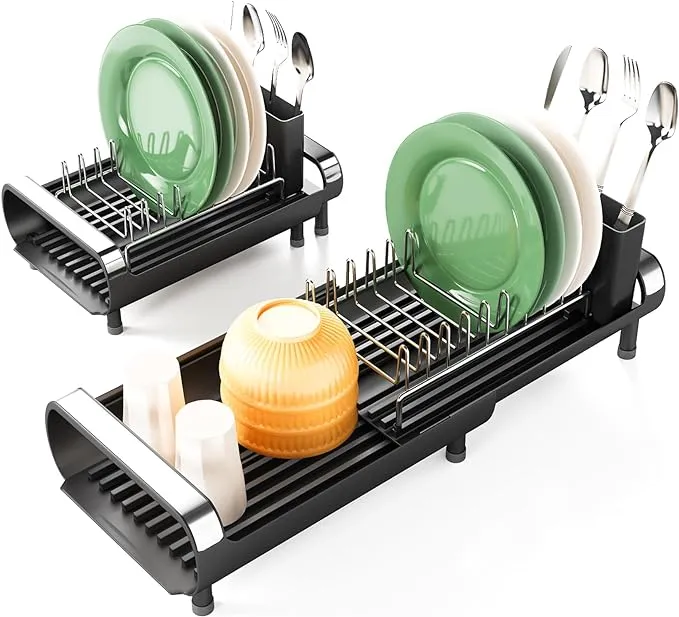 Dish Drying Rack Expandable Rack with Drainboard Spout in Sink Black