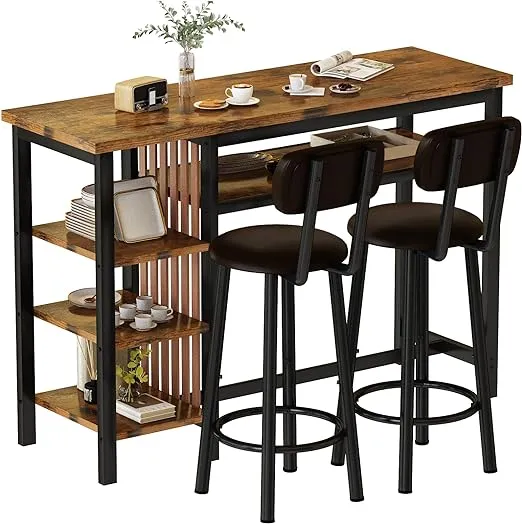 Recaceik Rustic Brown Counter Height Dining Set with Bar Table and 2 Upholstered Stools and Storage Shelves