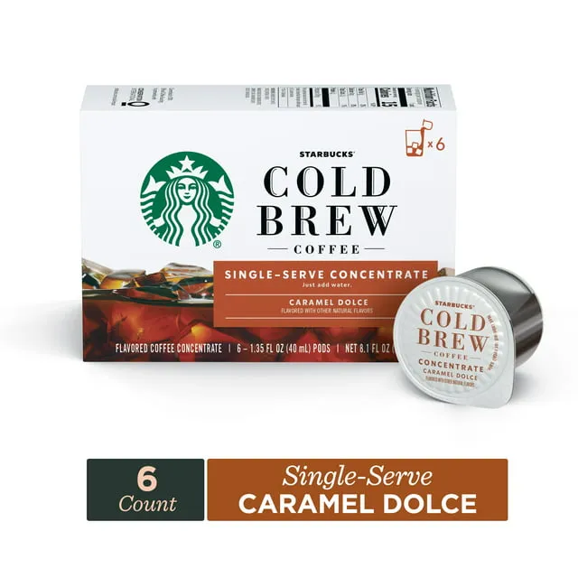 Starbucks Cold Brew Coffee Caramel Dolce Flavored Single-Serve Coffee Concentrate Pods 6 Count (Pack of 6)