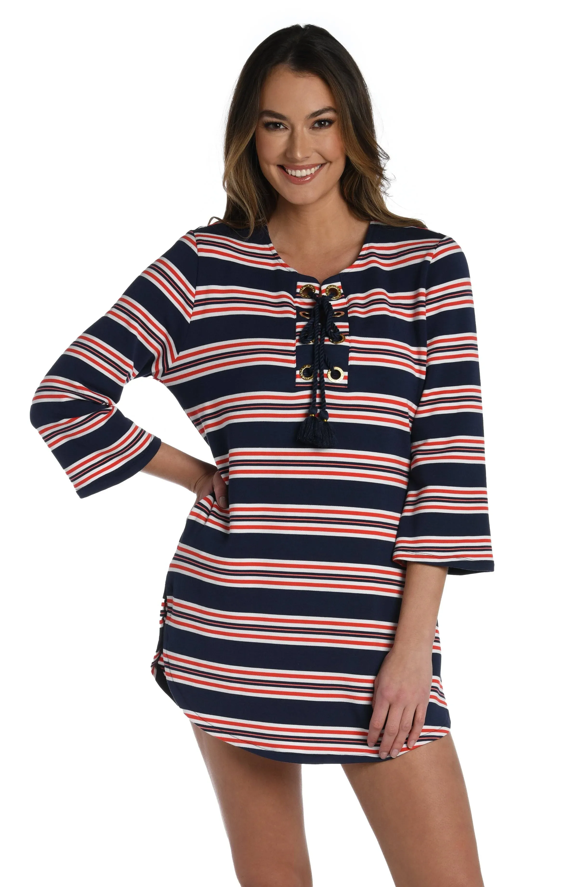 La Blanca Nautical Striped Coverup Dress Womens Small Modal Blue Red Tassel