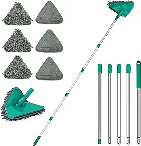 JEHONN Wall Cleaner Mop with Long Handle 82 Inches, 3-in-1 Ceiling Cleaning Tool Duster with 6 Replacement Microfiber Chenille Pads for Painted Walls, Baseboard, Window, Floor (Green)