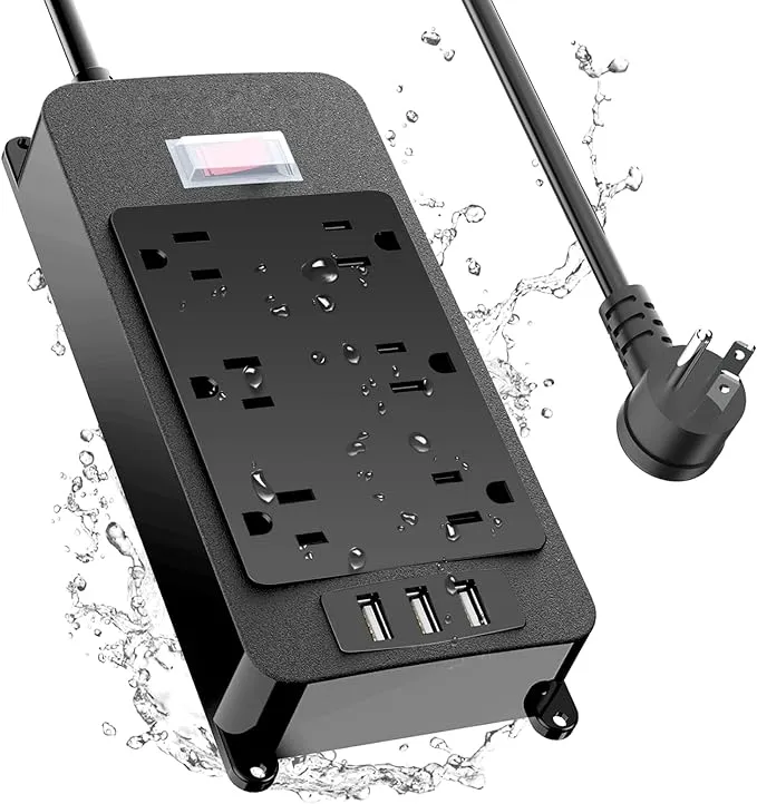 Outdoor Power Strip Weatherproof with 3 USB Ports, Outdoor Surge Protector Waterproof 6 Outlets 6 ft Extension Cord, Overload Protection, Mountable