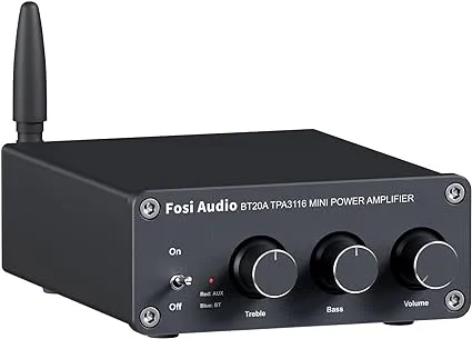 Fosi Audio BT20A-S Bluetooth 5.0 Stereo Audio 2 Channel Amplifier Receiver Mini Hi-Fi Class D Integrated Amp 2.0 CH for Home Speakers 100W x 2 with Bass and Treble Control TPA3116 (with Power Supply)