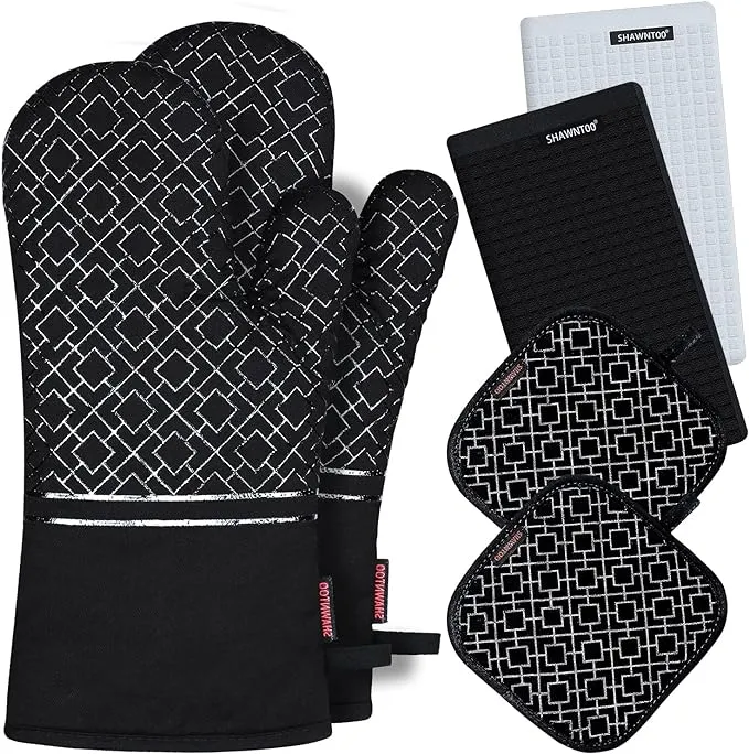 Oven Mitts and Pot Holders Set 6pcs, Kitchen Glove,High Heat Gray 