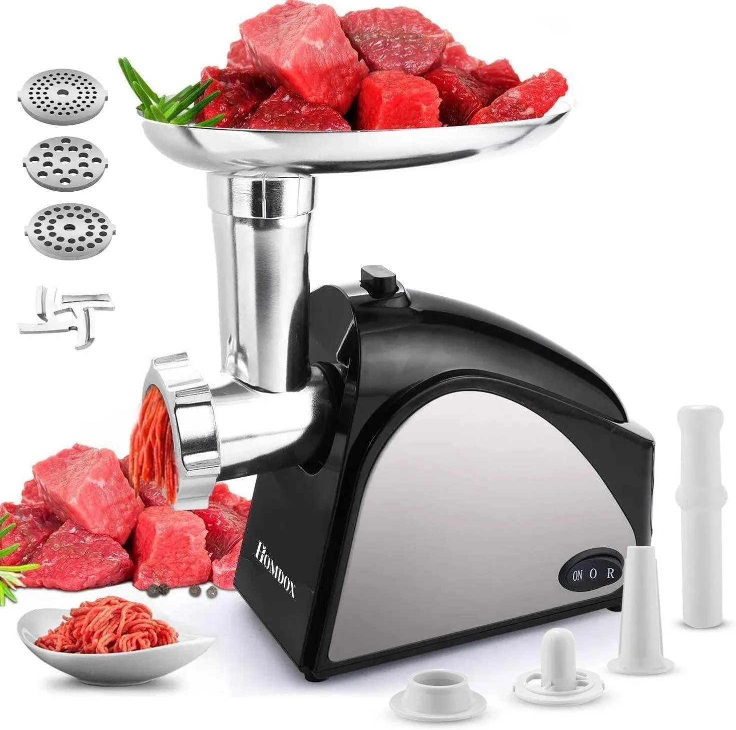 Homdox Electric Meat Grinder 2000W, Sausage Grinder with 3 Grinding Plates and Sausage Stuffing Tubes for Home Use &Commercial