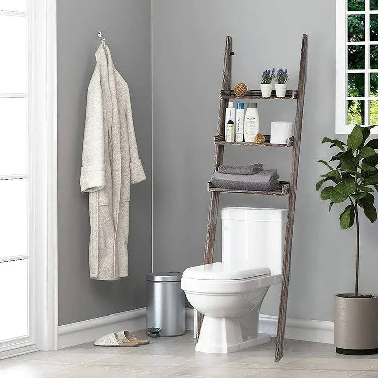 MyGift Wood Over-The-Toilet Leaning Bathroom Ladder Shelf