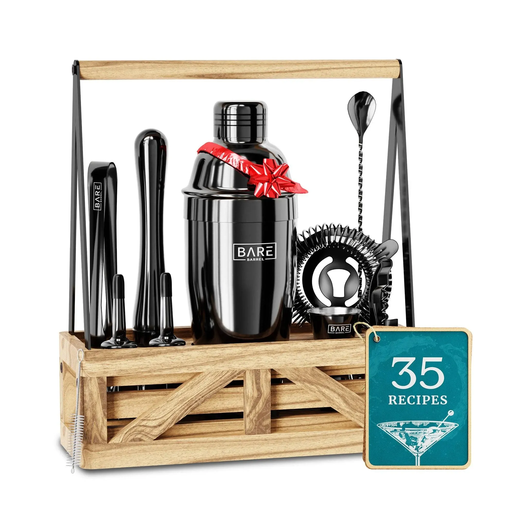 BARE BARREL® Mixology Bartender Kit Bar Set | Martini Cocktail Shaker Set | Barware Mixing Tools for Home Bartending | Farmhouse Rustic Portable Caddy & 35 Recipe Cards | Gift Set (Jet Black)