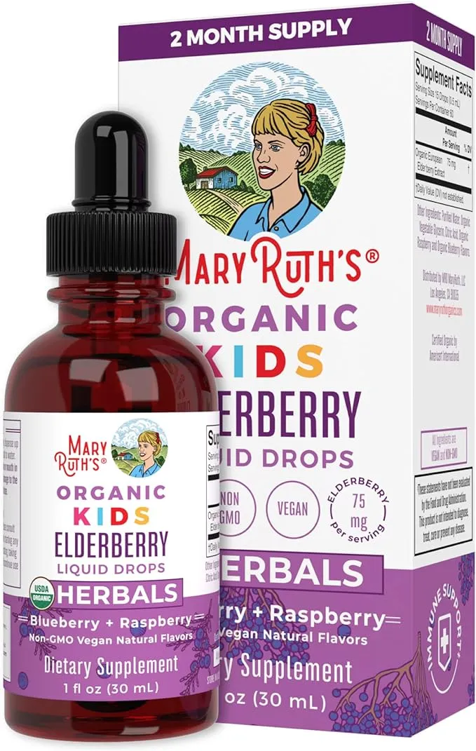 MaryRuth's | USDA Organic Elderberry Liquid Drops for Kids Ages 4-13 | Elderberry Extract | Immune Support & Overall Health | Blueberry + Raspberry | Vegan | Non-GMO | 30 mL