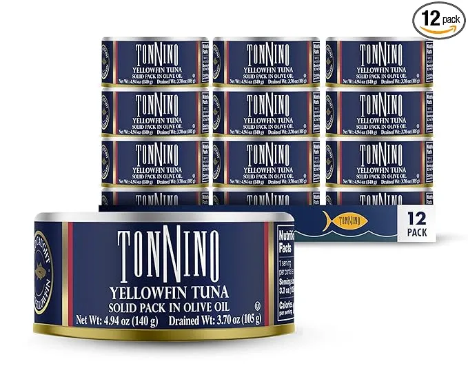 Tonnino Tuna Fillets Low Calorie and Gluten Free Yellowfin Canend Premium Tuna in Olive Oil 4 Oz [12 pack]